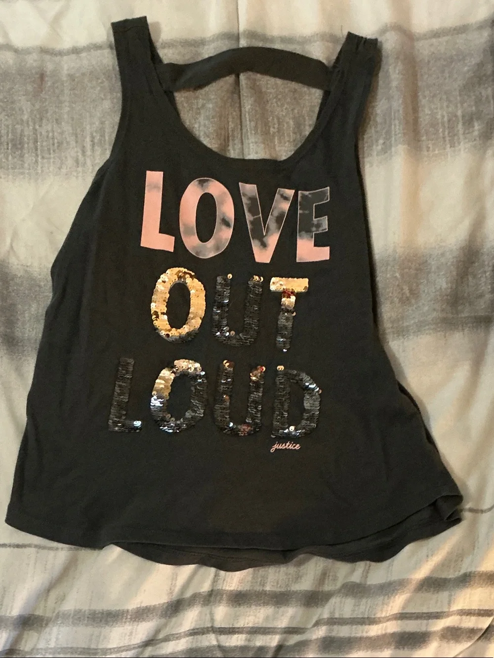 Justice Black Tank Top with Pink and Gold Sequin 'LOVE OUT LOUD'